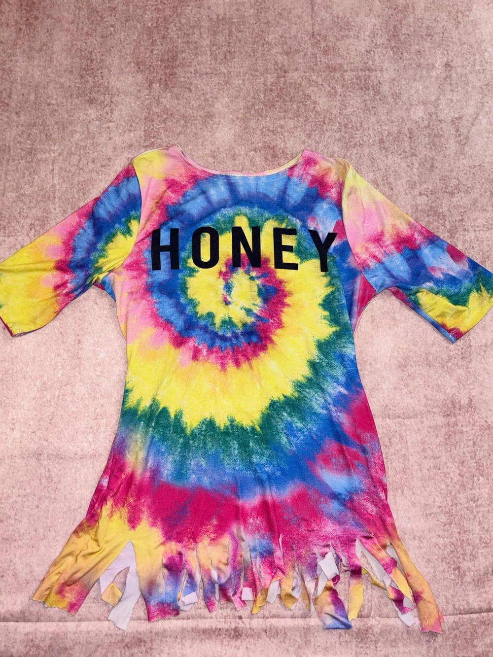 Tie-Dye 'HONEY' Fringe Tunic Long Top. Size Large